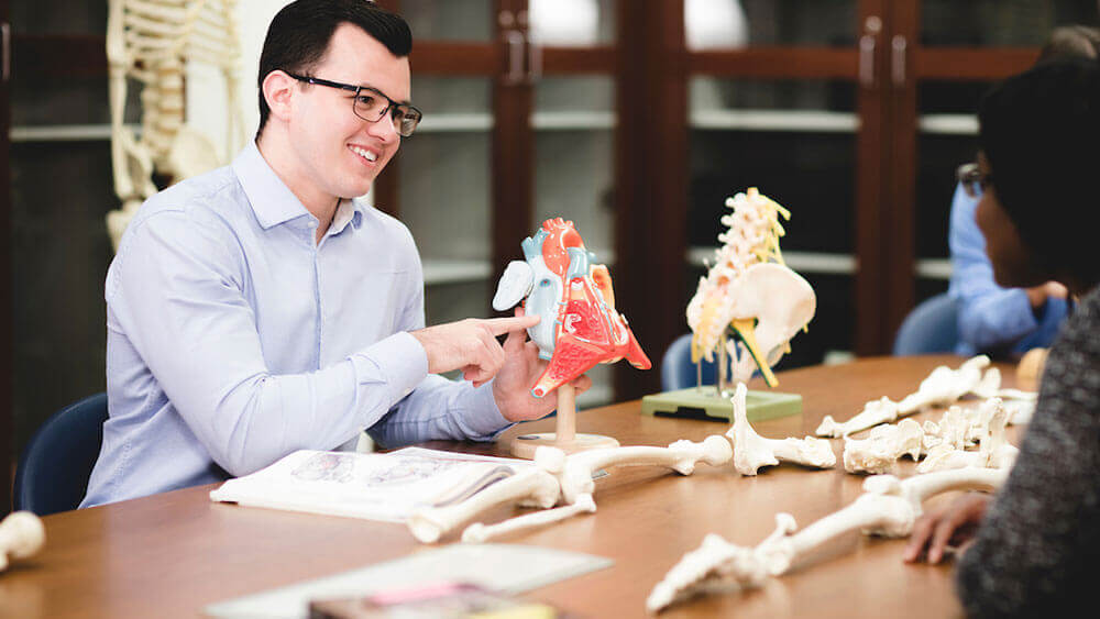 A medical student wearing glasses examines a realistic bone model in the bone examination room